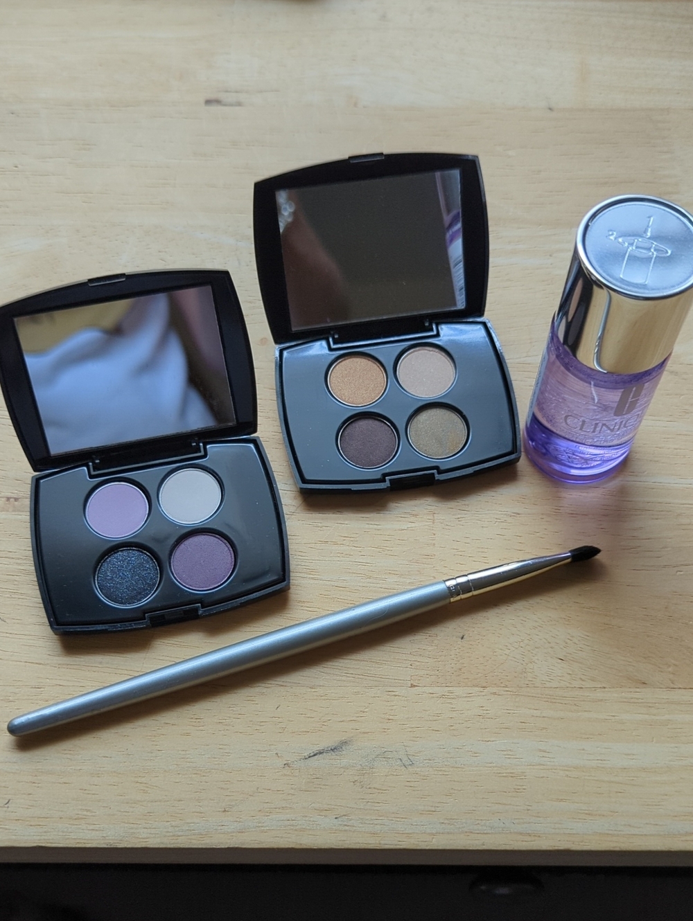 NEW! LOT OF 4! LANCOME EYE SHADOW QUADS, LONG BRUSH & CLINIQUE MAKE-UP REMOVER!